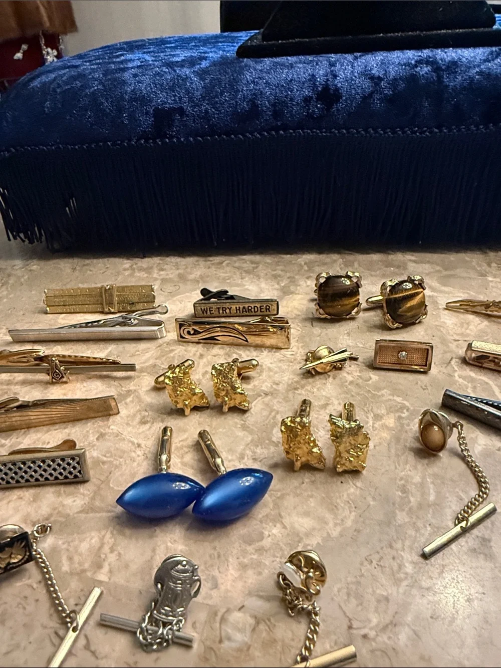 Vintage collection lot of 20 unique pins, Tie clips, cufflinks from 1940s-1980s